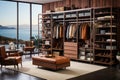 Modern, luxury brown built-in wardrobe for a man in the bedroom, shelves with men\'s clothing.