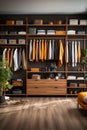 Modern, luxury brown built-in wardrobe for a man in the bedroom, shelves with men\'s clothing.