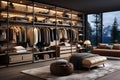 Modern, luxury brown built-in wardrobe for a man in the bedroom, shelves with men\'s clothing.