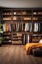 Modern, luxury brown built-in wardrobe for a man in the bedroom, shelves with men\'s clothing.