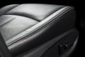 Modern luxury car black leather interior. Part of leather car seat details with stitching. Interior of prestige modern car. Comfor