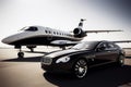 Modern luxury car and business jet. Generative ai Royalty Free Stock Photo