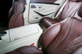 Modern Luxury car inside. Interior of prestige modern car. Comfortable leather seats. Red and white perforated leather. Back seat Royalty Free Stock Photo