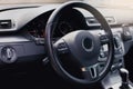 Modern luxury car Interior - steering wheel, shift lever and dashboard. Car interior luxury inside. Steering wheel, dashboard, spe Royalty Free Stock Photo