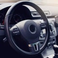 Modern luxury car Interior - steering wheel, shift lever and dashboard. Car interior luxury inside. Steering wheel, dashboard, spe Royalty Free Stock Photo