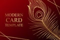 Card template with golden peacock feather on a red background Royalty Free Stock Photo