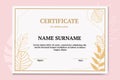 Modern and luxury certificate template with white and gold color. with leaf monstera and leaf palm. Royalty Free Stock Photo