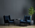 Modern luxury dark living room interior background with blue armchair, dark room interior mock up, black empty wall mockup, Royalty Free Stock Photo