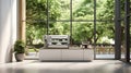 modern luxury design cafe with outdoor green tree foliage garden, glass window, counter with espresso machine, cake display fridge