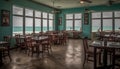 Modern luxury dining room with wooden table and blue chairs generated by AI Royalty Free Stock Photo