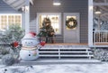 Modern luxury front home entrance porch in winter with Christmas and New Year concept 3d render Royalty Free Stock Photo