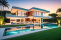 Modern Luxury Home Bathed in Warm Sunset Glow, Sprawling Manicured Lawn Leading to a Reflective Infinity Pool