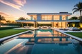 Modern Luxury Home Bathed in Warm Sunset Glow, Sprawling Manicured Lawn Leading to a Reflective Infinity Pool