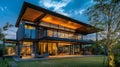 Modern luxury home with large windows, a spacious patio, and a lush lawn in the evening Royalty Free Stock Photo