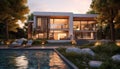 Modern luxury home with pool, nature, and relaxation at dusk generated by AI Royalty Free Stock Photo