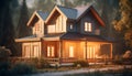 Modern luxury home in rustic winter landscape with illuminated windows generated by AI Royalty Free Stock Photo