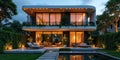 Modern luxury home with warm evening lighting, inviting patio, and tranquil pool. Generative AI Royalty Free Stock Photo