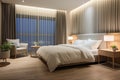 Modern luxury hotel bedroom interior with minimalist design, featuring elegant furnishings and an inviting ambiance.