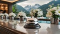 Modern luxury Hotel Reception Counter desk with Bell. Service Bell locating at reception. Silver Call Bell on table, Receptionists Royalty Free Stock Photo