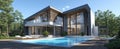 The modern luxury house with a pool surrounded by beautiful natural scenery. AI generated image Royalty Free Stock Photo