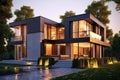 Modern luxury house, villa with interior lighting in forest in evening