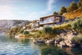 Modern luxury house, villa with panoramic windows by water in mountains. Landscape with residential mansion, river, forest and sky