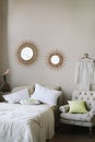 Modern home interior design. Bed with and pillows, blanket. girl`s bedroom interior, scandinavian style