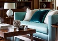 Modern luxury interior with turquiose decor details, velvet cushion on a sofa. Generative AI