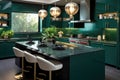 Modern luxury kitchen interior design with green marble countertop, sink and island