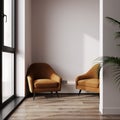 Modern luxury living room interior, brown armchair near window on wooden floor, empty beige wall, contemporary living room Royalty Free Stock Photo
