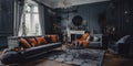 Modern luxury living room interior decorated for Halloween party in gray colors. Royalty Free Stock Photo