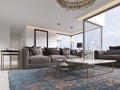 Modern luxury living room interior with a sofa, armchairs, a coffee table and a dining table with a kitchen