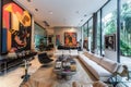 Modern luxury living room with large abstract paintings, contemporary furniture