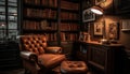 Modern luxury living room with old fashioned book collection and comfortable seating generated by AI