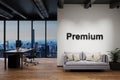 Modern luxury loft with skyline view and vintage couch and pc workspace, wall with premium lettering, 3D Illustration