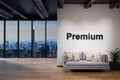 Modern luxury loft with skyline view and vintage couch, wall with premium lettering, 3D Illustration