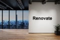 Modern luxury loft with skyline view, wall with renovate lettering, 3D Illustration