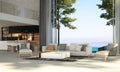 Modern luxury mediterranean interior design of living room and concrete wall background and sea view