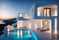 modern luxury Mediterranean villa in a white greek island style, upmarket vacation rental or property development concept