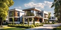 Modern luxury minimalist cubic house, villa with wooden cladding and white walls and landscaping design front yard. Residential