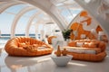 Modern luxury orange interior with leather sofas with pillows and blankets and a vase by window with sea view. Copy spce Royalty Free Stock Photo