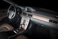 Modern luxury prestige car interior, dashboard, steering wheel