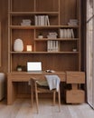 A modern, luxury private office or home office with a laptop computer mockup on a wooden desk Royalty Free Stock Photo