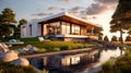 Modern luxury residential house with pool and landscaped garden at sunset Royalty Free Stock Photo