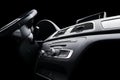 Modern Luxury sport car inside. Interior of prestige car. Black Leather. Car detailing. Dashboard. Media, climate and navigation c Royalty Free Stock Photo