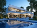 Modern luxury villa with pool reflects elegance in the twilight, architecture Royalty Free Stock Photo