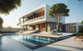 Modern luxury villa with a swimming pool surrounded by trees Royalty Free Stock Photo