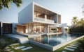 Modern luxury villa with a swimming pool surrounded by trees Royalty Free Stock Photo