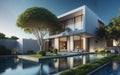 Modern luxury villa with a swimming pool surrounded by trees Royalty Free Stock Photo