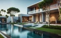 Modern luxury villa with a swimming pool surrounded by trees Royalty Free Stock Photo